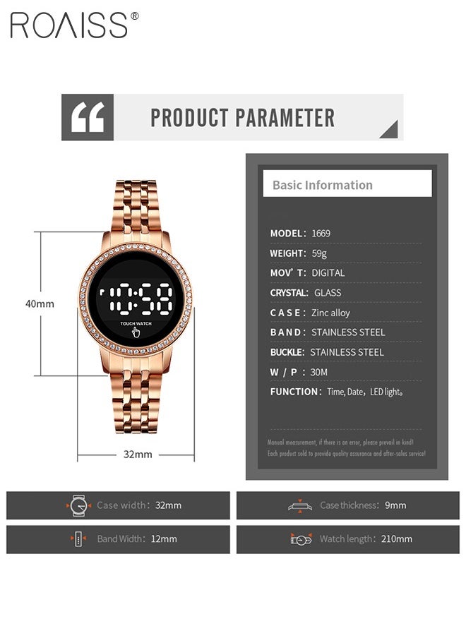 Women's Digital Touch Screen Watch Led Display Round Dial with Rhinestones Decorated Bezel Waterproof Luminous Stainless Steel Strap Wristwatch with Calendar Display, Rose Gold