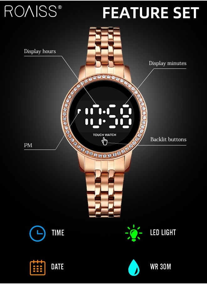 Women's Digital Touch Screen Watch Led Display Round Dial with Rhinestones Decorated Bezel Waterproof Luminous Stainless Steel Strap Wristwatch with Calendar Display, Rose Gold