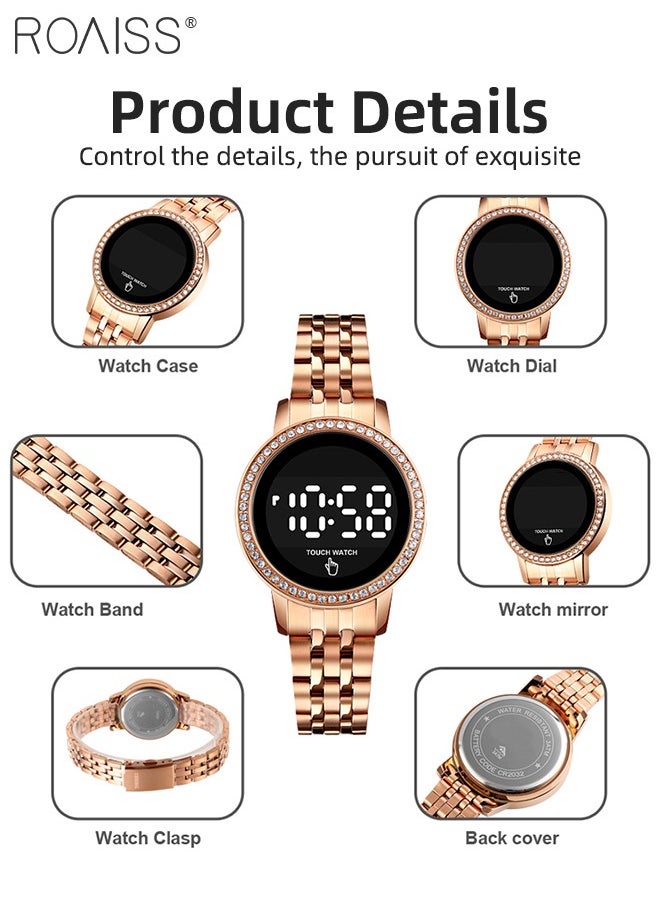 Women's Digital Touch Screen Watch Led Display Round Dial with Rhinestones Decorated Bezel Waterproof Luminous Stainless Steel Strap Wristwatch with Calendar Display, Rose Gold