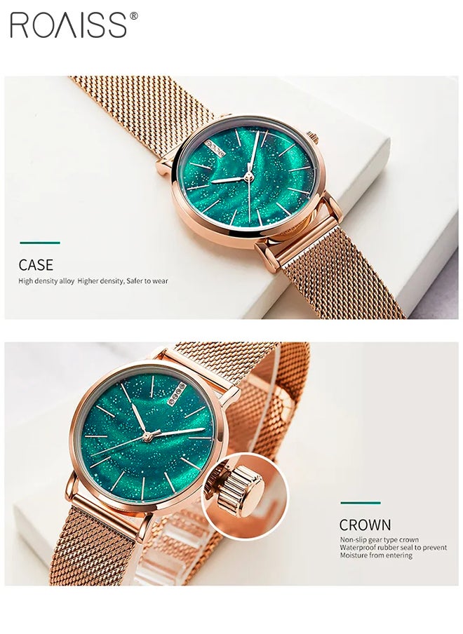 Women's Stainless Steel Mesh Strap Quartz Watch Analog Display Round Green Aurora Starry Sky Dial Waterproof Elegant Wristwatch as Gift for Ladies