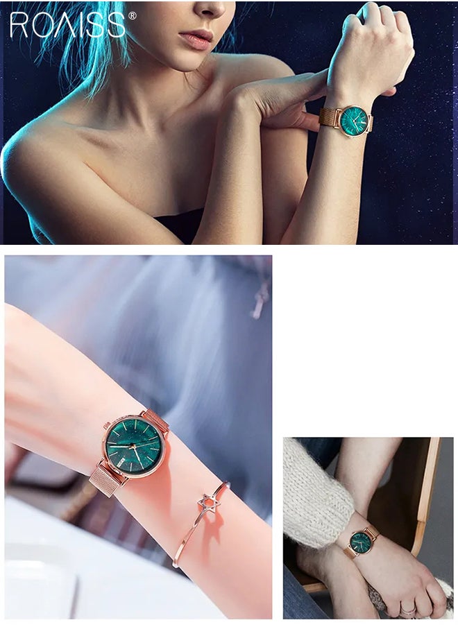 Women's Stainless Steel Mesh Strap Quartz Watch Analog Display Round Green Aurora Starry Sky Dial Waterproof Elegant Wristwatch as Gift for Ladies