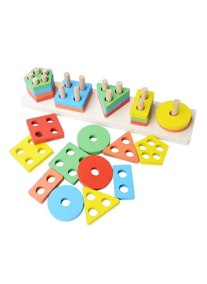 Kids Wooden Angle Geometric Blocks Stacker Shape Sorter Column Puzzle Stacking Set - 5 Columns