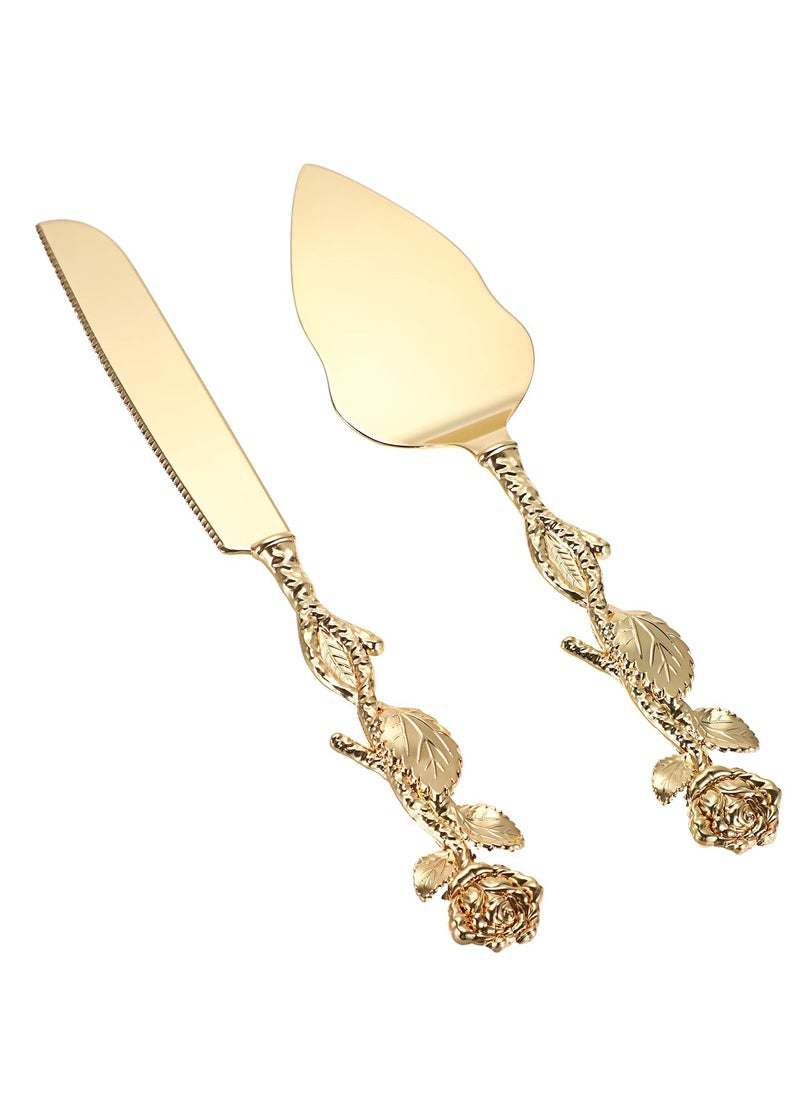 Elegant Gold Cake Knife and Server Set with Rose-Shaped Handles - Vintage Pastry Serving Set for Weddings, Birthdays, Anniversaries, Christmas, and Special Events.