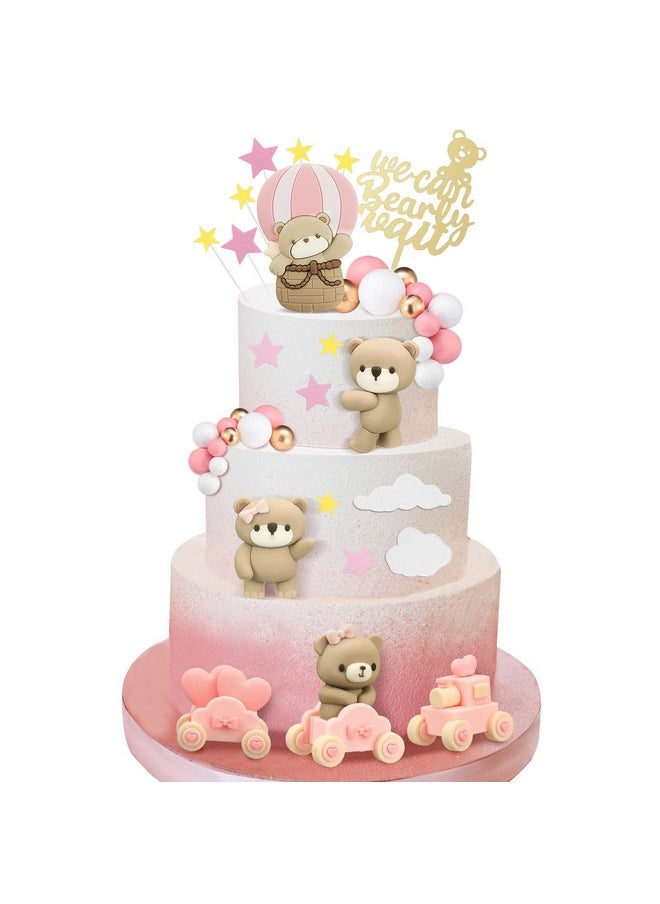 Bear Cake Toppers Mini Bear Cake Decorations Cake Toppers Gold White Pearl Ball For Birthday Party Decorations(Pink, Brown,Vivid Style)