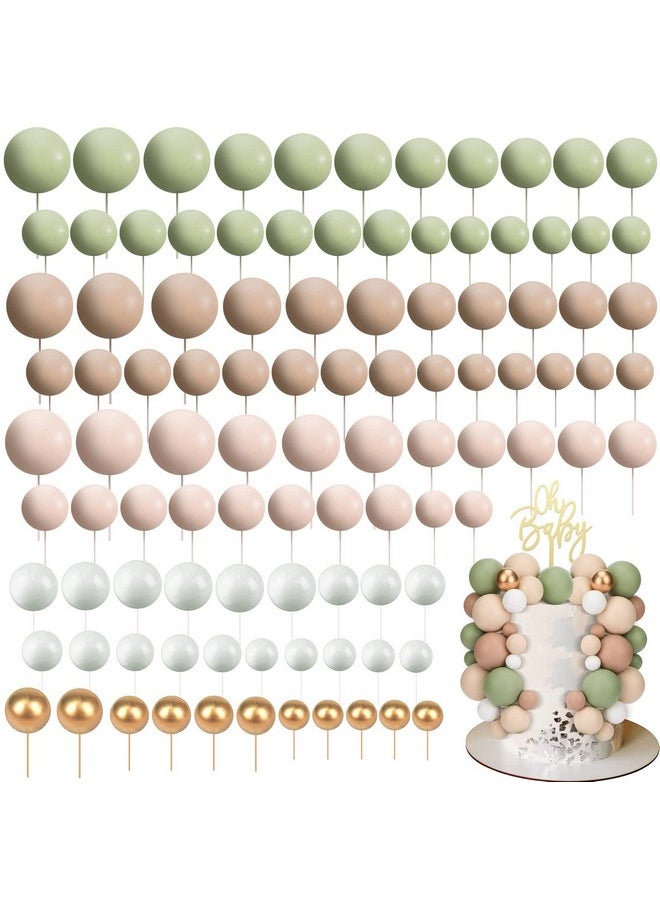 108 Pcs Balls Cake Topper Balloons Cupcake Topper Diy Cake Insert Topper Foam Cake Balls Baking Decoration For Wedding Anniversary Birthday (Matcha Green, Light Brown, Khaki,Multi Sizes)