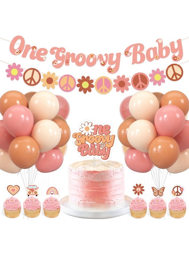 Groovy One Birthday Decorations Hippie 1St Birthday Party Decorations For Girls Boho Theme First Party Supples Pink Brown Nude Balloons