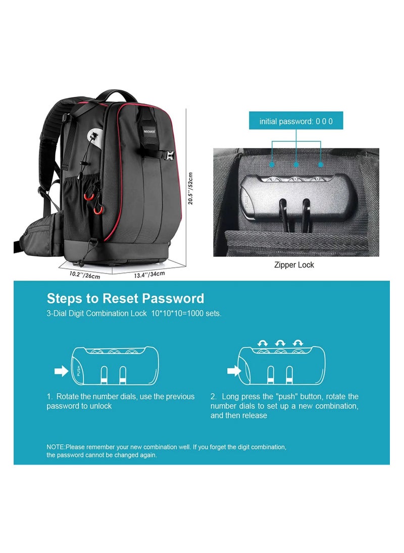 Adjustable Padded Waterproof Shockproof Camera Backpack with Anti-Theft Lock for DSLR, DJI Phantom Drones, Tripods, Lenses, and Accessories