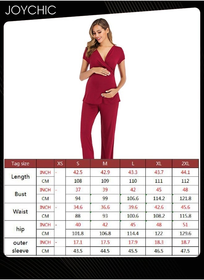 2-piece Solid Color Maternity Women Modal Loose Comfortable and Breathable Pajama Set Spring and Summer Autumn Short-sleeved Trousers Sleepwear Home Clothes Wine Red