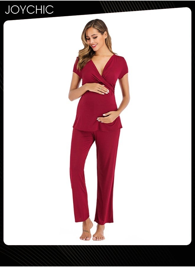 2-piece Solid Color Maternity Women Modal Loose Comfortable and Breathable Pajama Set Spring and Summer Autumn Short-sleeved Trousers Sleepwear Home Clothes Wine Red