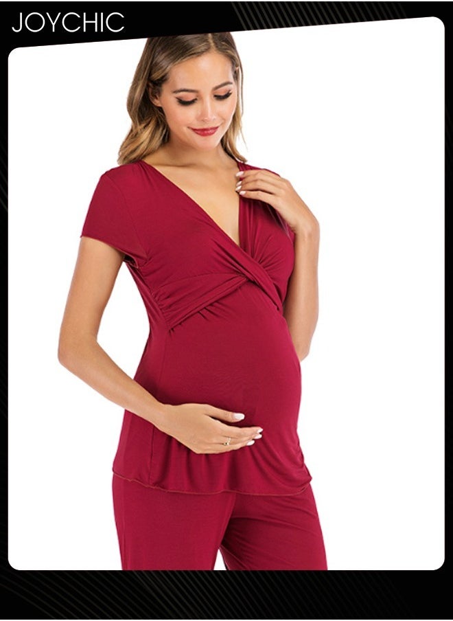 2-piece Solid Color Maternity Women Modal Loose Comfortable and Breathable Pajama Set Spring and Summer Autumn Short-sleeved Trousers Sleepwear Home Clothes Wine Red