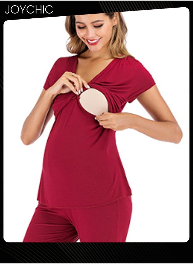 2-piece Solid Color Maternity Women Modal Loose Comfortable and Breathable Pajama Set Spring and Summer Autumn Short-sleeved Trousers Sleepwear Home Clothes Wine Red