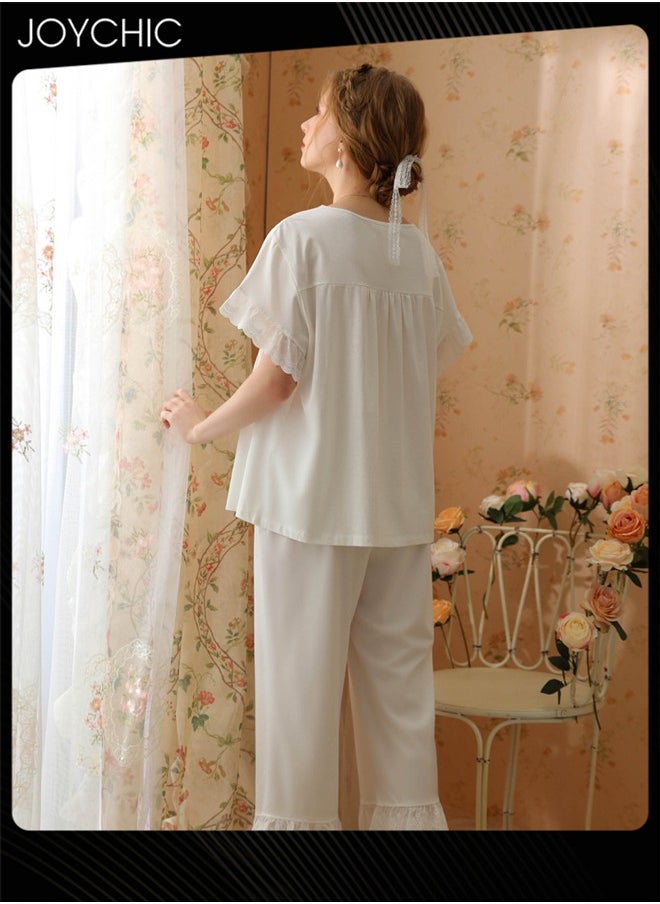 2-piece French Sweet Style Pajamas for Women Spring Autumn and Summer Short-sleeved Cropped Pants Lace V-neck Comfortable Nightgown White