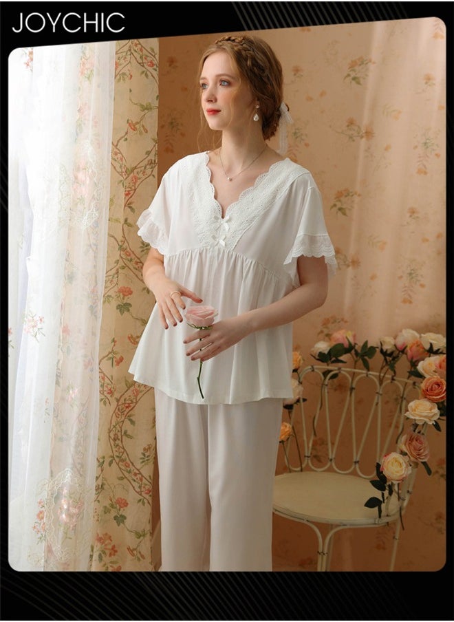 2-piece French Sweet Style Pajamas for Women Spring Autumn and Summer Short-sleeved Cropped Pants Lace V-neck Comfortable Nightgown White