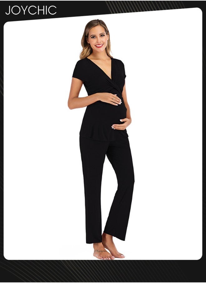 2-piece Solid Color Maternity Women Modal Loose Comfortable and Breathable Pajama Set Spring and Summer Autumn Short-sleeved Trousers Sleepwear Home Clothes Black