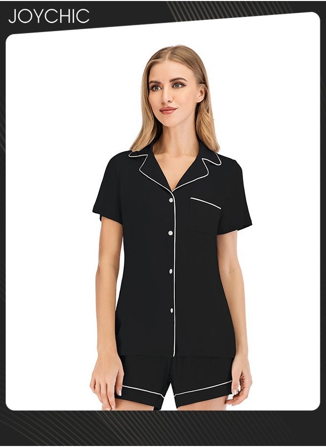 2-piece Classic Spring and Summer Pajamas Modal Smooth and Comfoty Loose Women Nightgown Casual Shirt Collar Short-sleeved Home Clothes Black