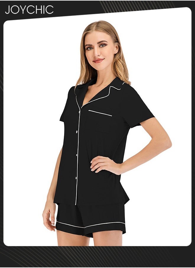 2-piece Classic Spring and Summer Pajamas Modal Smooth and Comfoty Loose Women Nightgown Casual Shirt Collar Short-sleeved Home Clothes Black