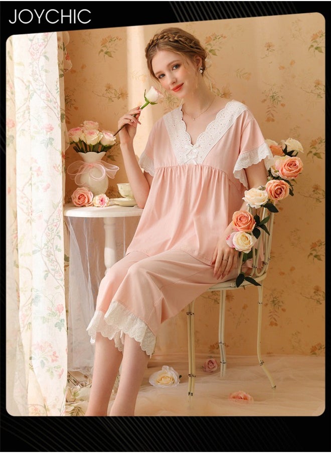 2-piece French Sweet Style Pajamas for Women Spring Autumn and Summer Short-sleeved Cropped Pants Lace V-neck Comfortable Nightgown Pink