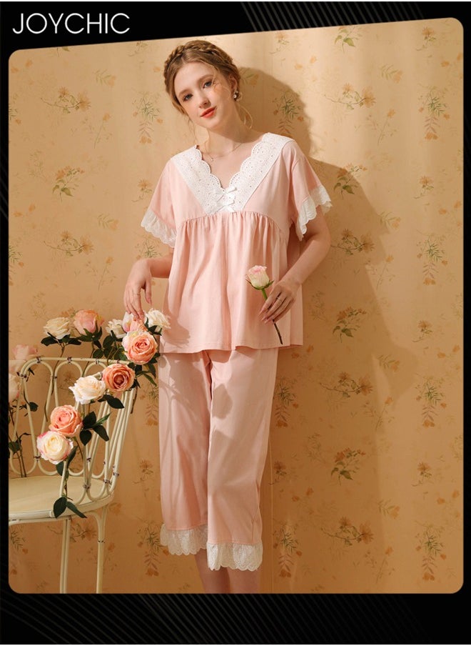 2-piece French Sweet Style Pajamas for Women Spring Autumn and Summer Short-sleeved Cropped Pants Lace V-neck Comfortable Nightgown Pink