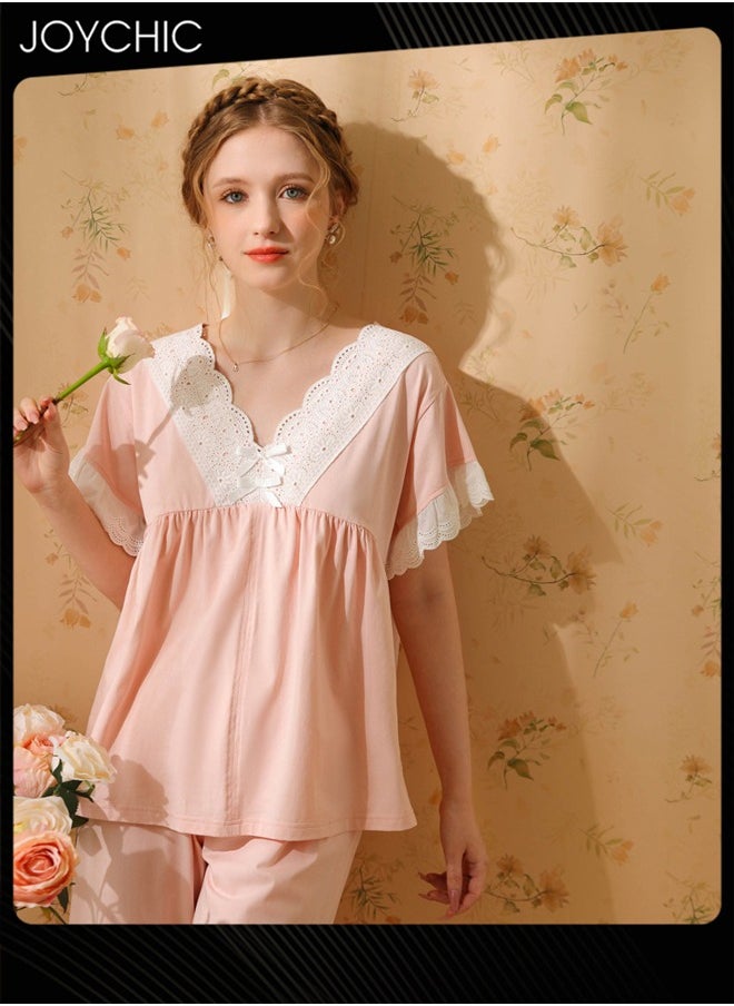 2-piece French Sweet Style Pajamas for Women Spring Autumn and Summer Short-sleeved Cropped Pants Lace V-neck Comfortable Nightgown Pink