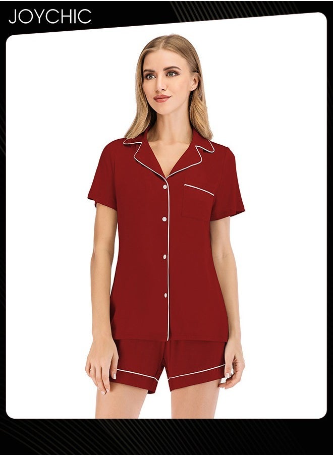 2-piece Classic Spring and Summer Pajamas Modal Smooth and Comfoty Loose Women Nightgown Casual Shirt Collar Short-sleeved Home Clothes Wine Red