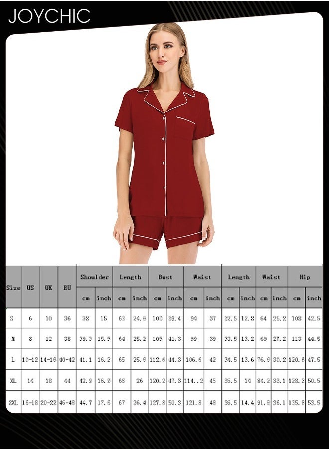 2-piece Classic Spring and Summer Pajamas Modal Smooth and Comfoty Loose Women Nightgown Casual Shirt Collar Short-sleeved Home Clothes Wine Red