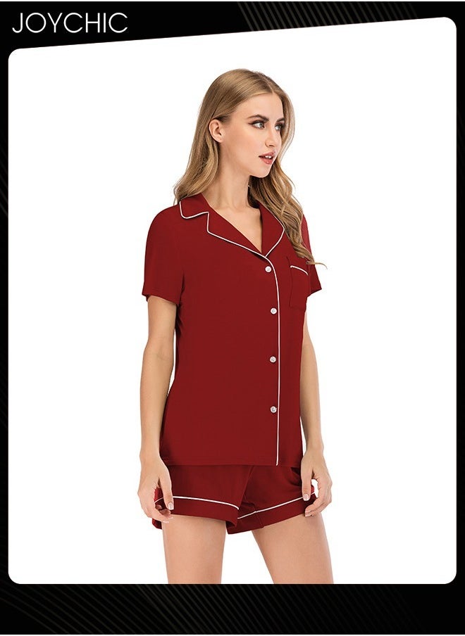 2-piece Classic Spring and Summer Pajamas Modal Smooth and Comfoty Loose Women Nightgown Casual Shirt Collar Short-sleeved Home Clothes Wine Red