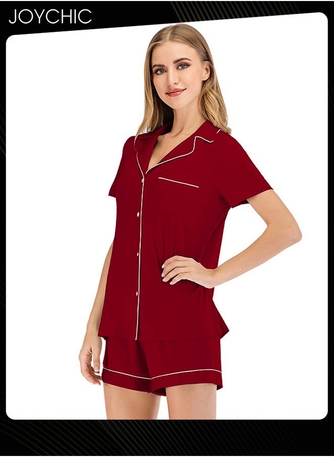 2-piece Classic Spring and Summer Pajamas Modal Smooth and Comfoty Loose Women Nightgown Casual Shirt Collar Short-sleeved Home Clothes Wine Red