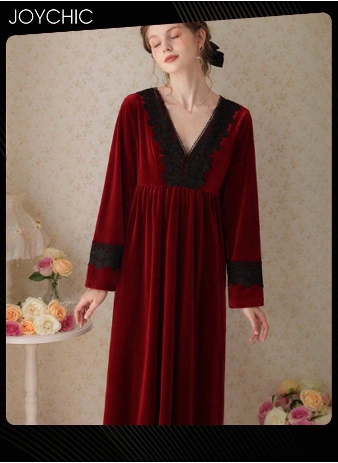 French Style Lace Collar Women Pajamas Autumn and Winter Long Nightgown Gold Velvet Fabric Thick Warm Loungewear Wine Red