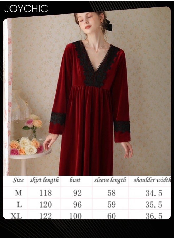 French Style Lace Collar Women Pajamas Autumn and Winter Long Nightgown Gold Velvet Fabric Thick Warm Loungewear Wine Red