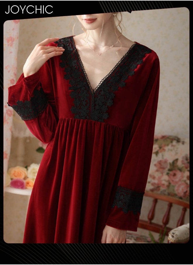 French Style Lace Collar Women Pajamas Autumn and Winter Long Nightgown Gold Velvet Fabric Thick Warm Loungewear Wine Red