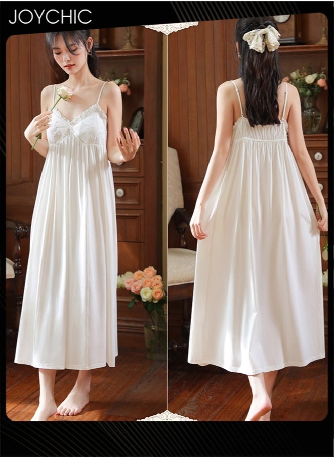 Palace Style Suspender Nightgown for Women Lace Long Loose Pajamas Skirt Summer Cotton Sleepwear White