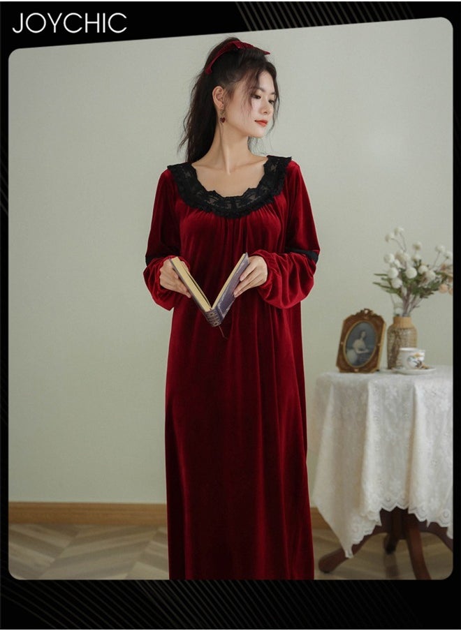 Long-sleeved Nightgown for Women Winter Palace Style Long Home Dress Gold Velvet Fabric Warm Pajamas Ladies Loose Loungewear Wine Red