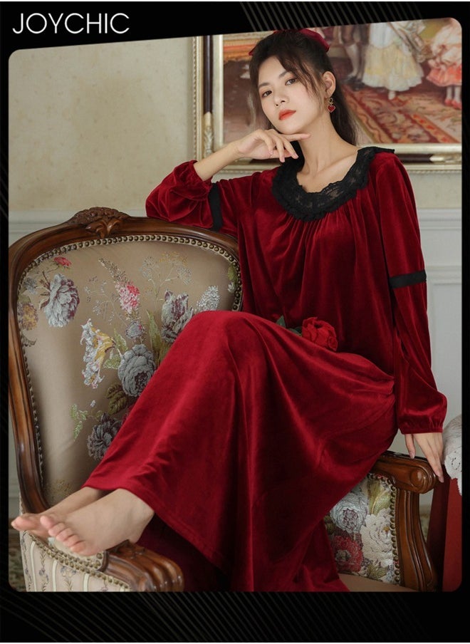 Long-sleeved Nightgown for Women Winter Palace Style Long Home Dress Gold Velvet Fabric Warm Pajamas Ladies Loose Loungewear Wine Red