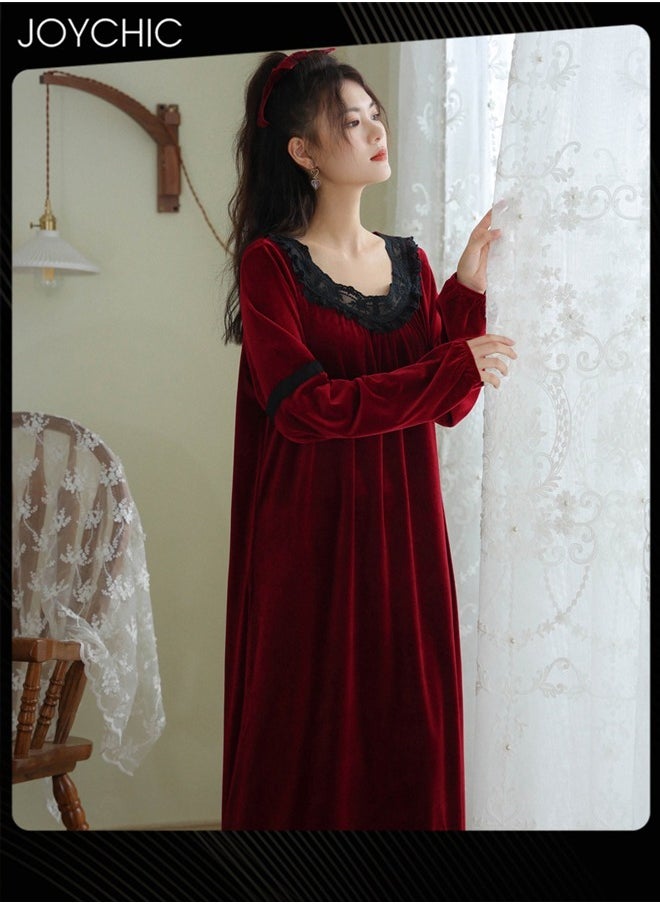 Long-sleeved Nightgown for Women Winter Palace Style Long Home Dress Gold Velvet Fabric Warm Pajamas Ladies Loose Loungewear Wine Red