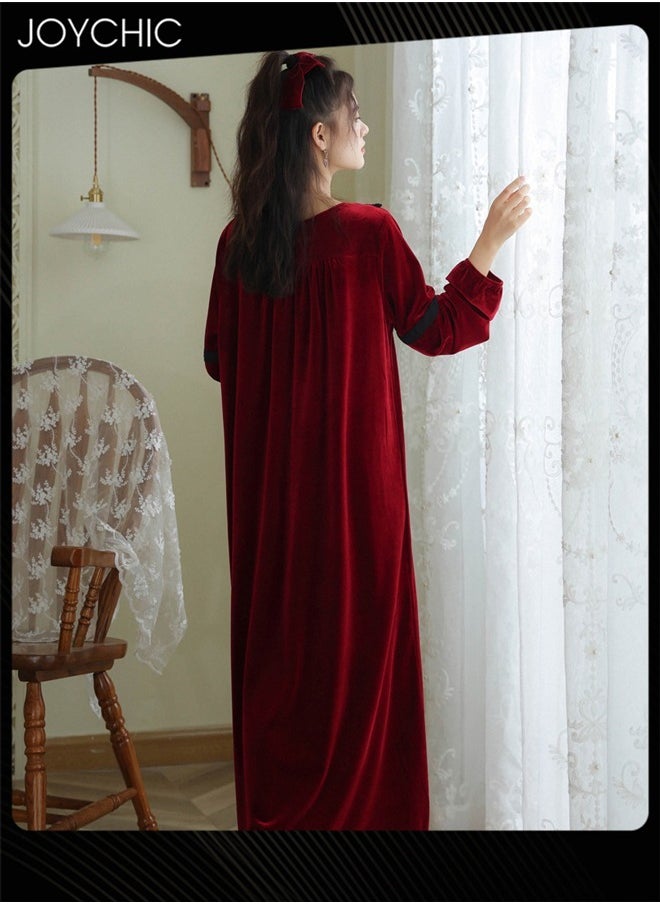 Long-sleeved Nightgown for Women Winter Palace Style Long Home Dress Gold Velvet Fabric Warm Pajamas Ladies Loose Loungewear Wine Red