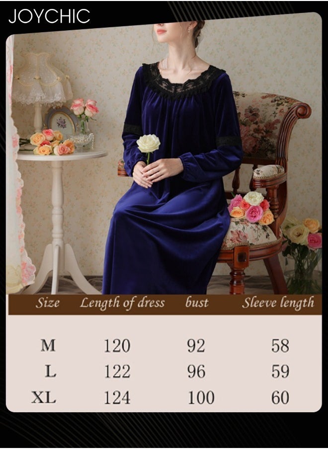 Long-sleeved Nightgown for Women Winter Palace Style Long Home Dress Gold Velvet Fabric Warm Pajamas Ladies Loose Loungewear Dark Blue