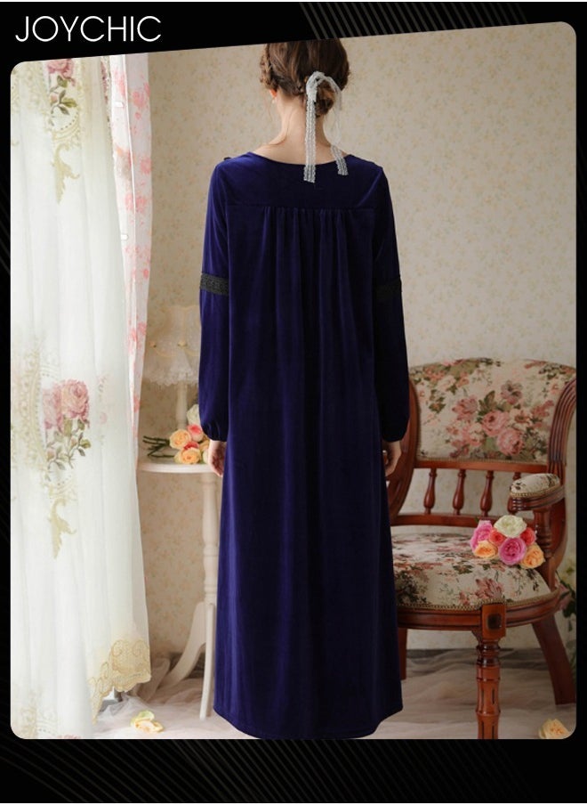 Long-sleeved Nightgown for Women Winter Palace Style Long Home Dress Gold Velvet Fabric Warm Pajamas Ladies Loose Loungewear Dark Blue