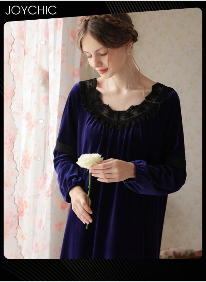 Long-sleeved Nightgown for Women Winter Palace Style Long Home Dress Gold Velvet Fabric Warm Pajamas Ladies Loose Loungewear Dark Blue