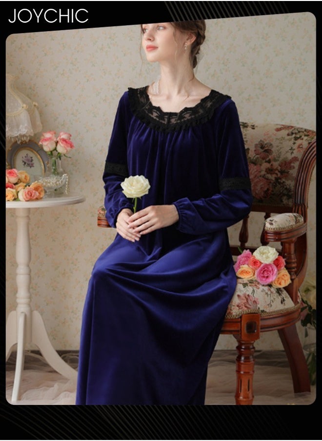 Long-sleeved Nightgown for Women Winter Palace Style Long Home Dress Gold Velvet Fabric Warm Pajamas Ladies Loose Loungewear Dark Blue