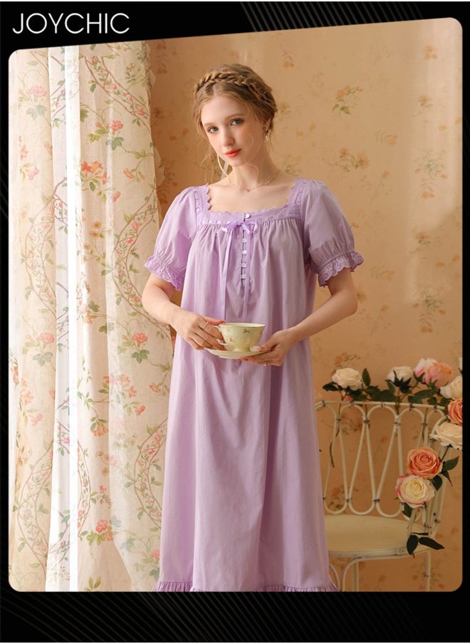 Retro French Sweet Princess Style Night Dress Short-sleeved Long Nightgown Spring Summer Autumn Cotton Breathable Sleepwear for Women Purple