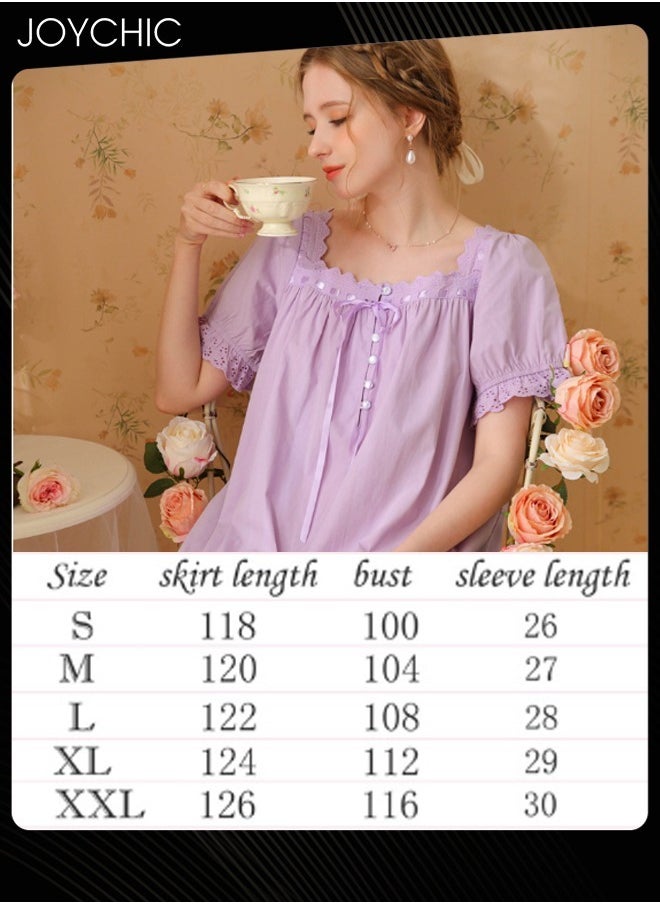 Retro French Sweet Princess Style Night Dress Short-sleeved Long Nightgown Spring Summer Autumn Cotton Breathable Sleepwear for Women Purple