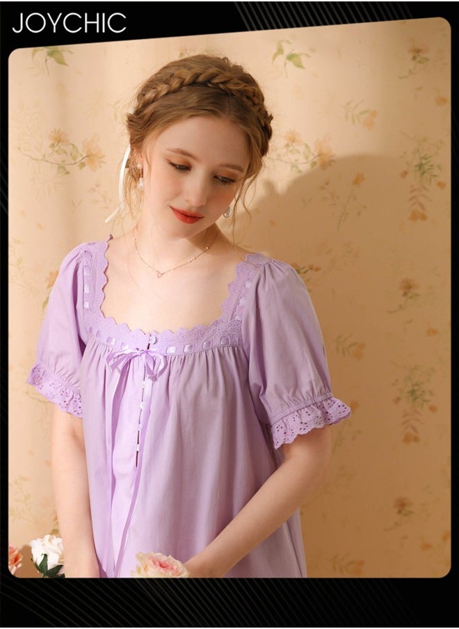 Retro French Sweet Princess Style Night Dress Short-sleeved Long Nightgown Spring Summer Autumn Cotton Breathable Sleepwear for Women Purple