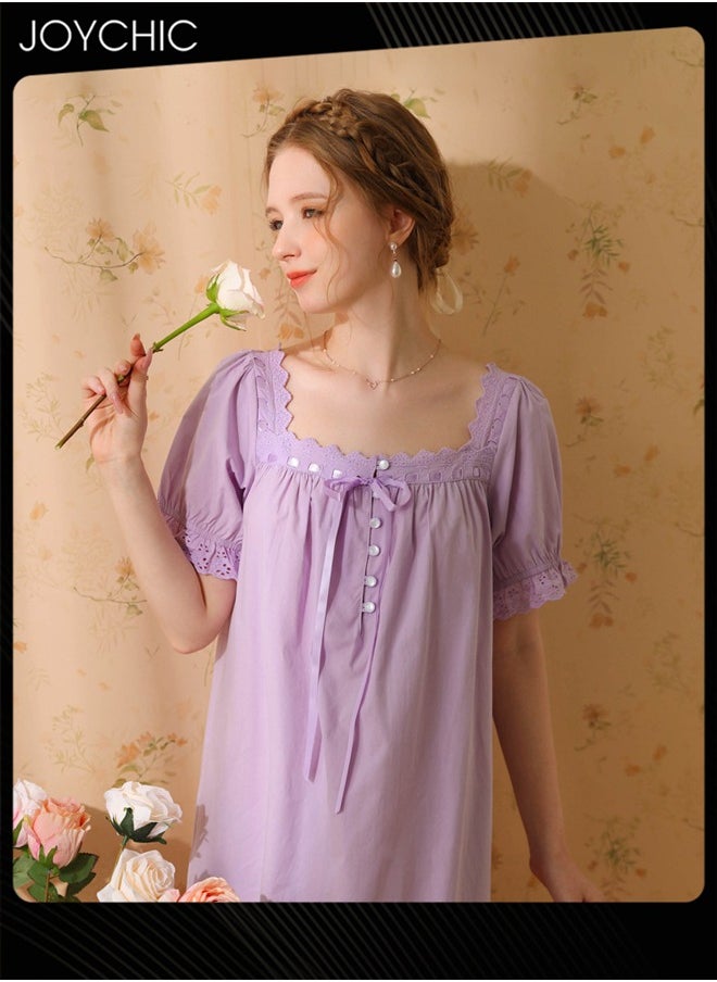 Retro French Sweet Princess Style Night Dress Short-sleeved Long Nightgown Spring Summer Autumn Cotton Breathable Sleepwear for Women Purple