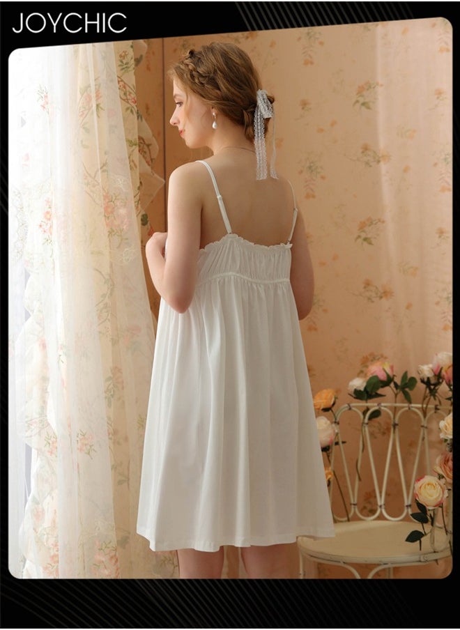 Palace Princess Sweet Style Women Cotton Nightgown Comfty Suspender Loose Lace Sleepwear Mid Length for Spring Summer Autumn White