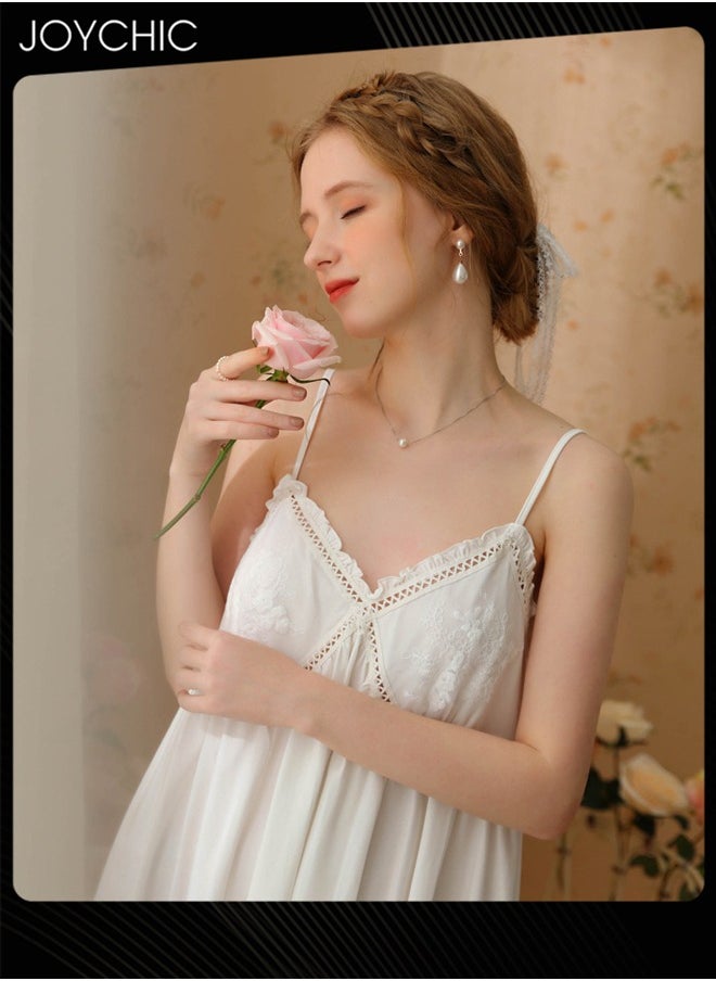 Palace Princess Sweet Style Women Cotton Nightgown Comfty Suspender Loose Lace Sleepwear Mid Length for Spring Summer Autumn White