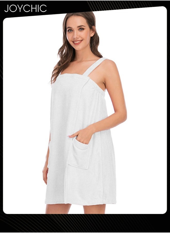 Women Solid Color Polyester Skin-friendly and Absorb- water Bathrobe Massage Stickers Suspenders Nightgown with Pockets for All Seasons White