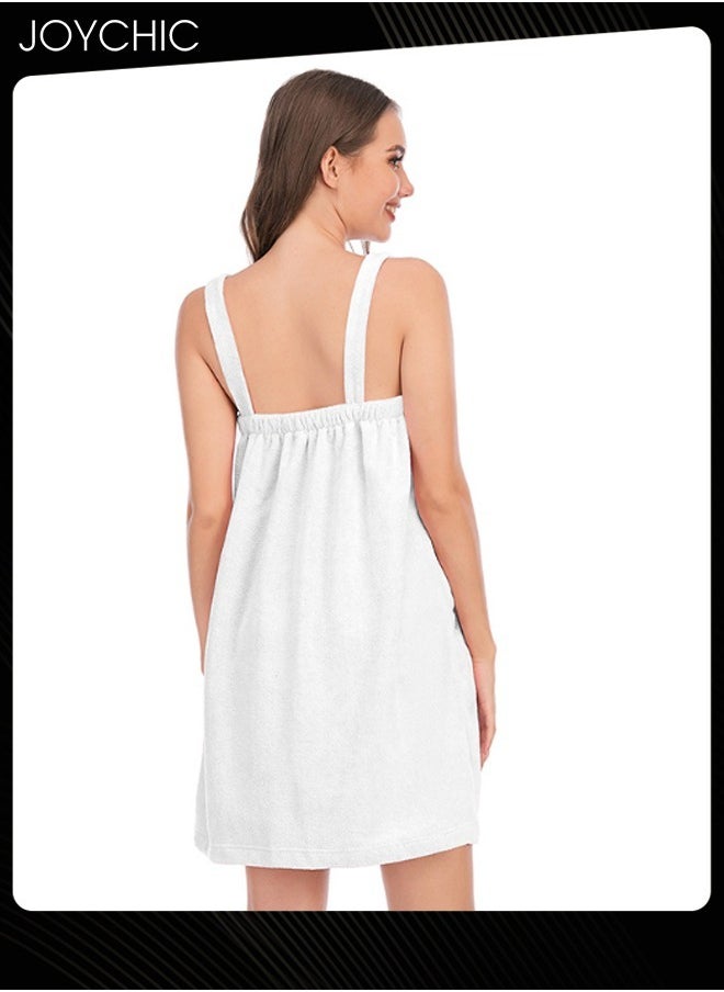 Women Solid Color Polyester Skin-friendly and Absorb- water Bathrobe Massage Stickers Suspenders Nightgown with Pockets for All Seasons White