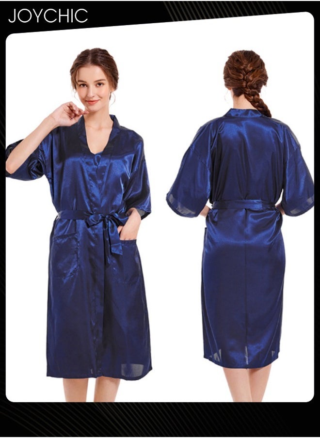 2-piece Spring and Autumn Solid Color Women V-neck Nightgown with Suspenders Ice Silk Smooth and Comfortable Mid-length Indoor Pajamas Navy Blue