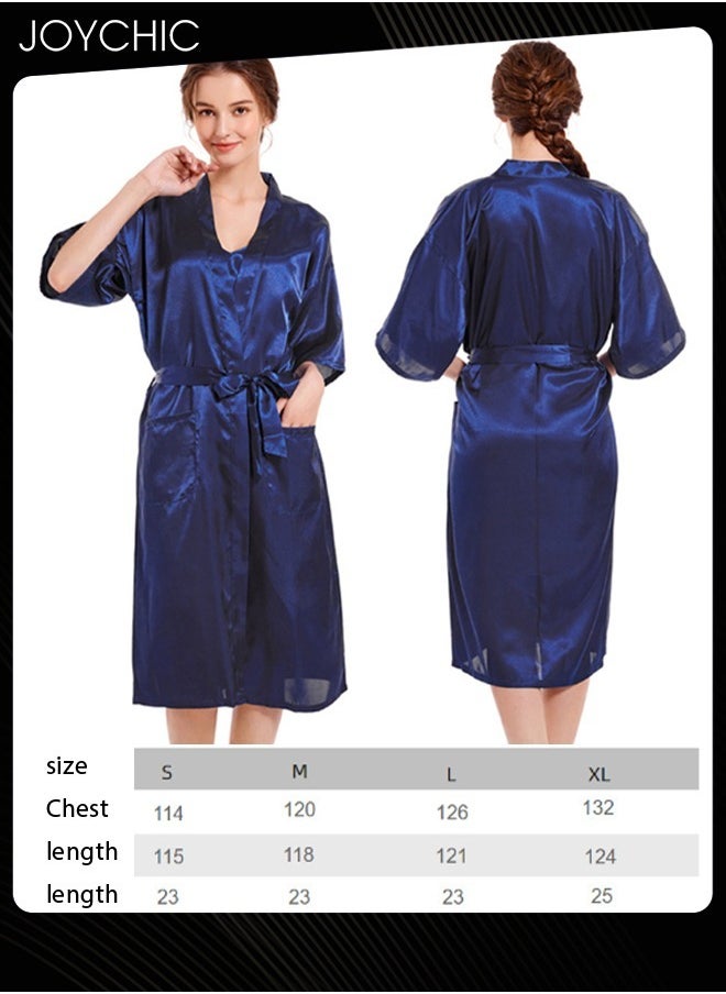 2-piece Spring and Autumn Solid Color Women V-neck Nightgown with Suspenders Ice Silk Smooth and Comfortable Mid-length Indoor Pajamas Navy Blue