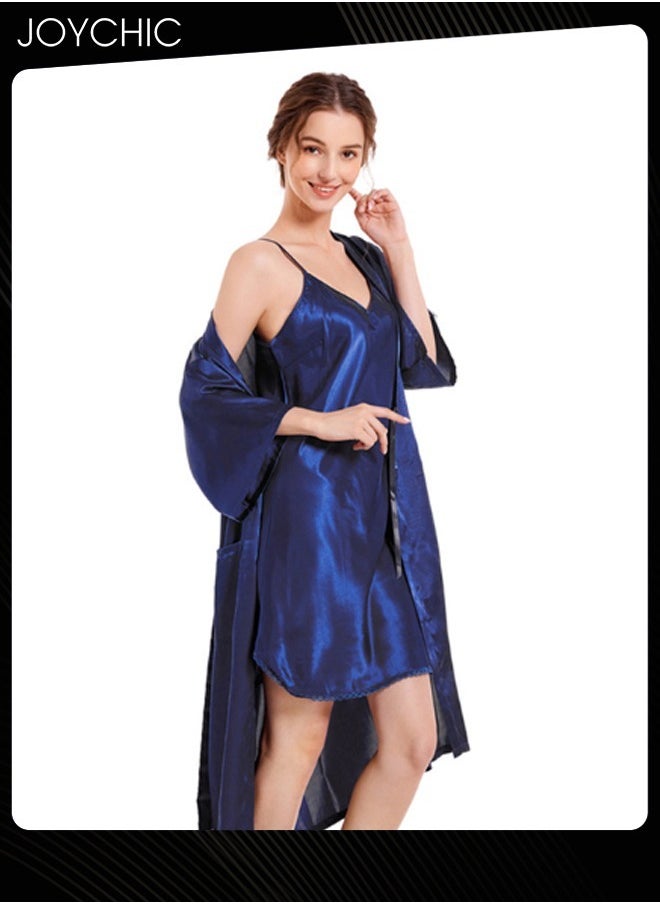 2-piece Spring and Autumn Solid Color Women V-neck Nightgown with Suspenders Ice Silk Smooth and Comfortable Mid-length Indoor Pajamas Navy Blue